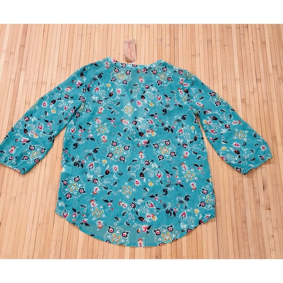 Red Camel / Green Sheer Puff Sleeve Crochet Peasant Blouse Top NWT / Size S - Picture 2 of 4